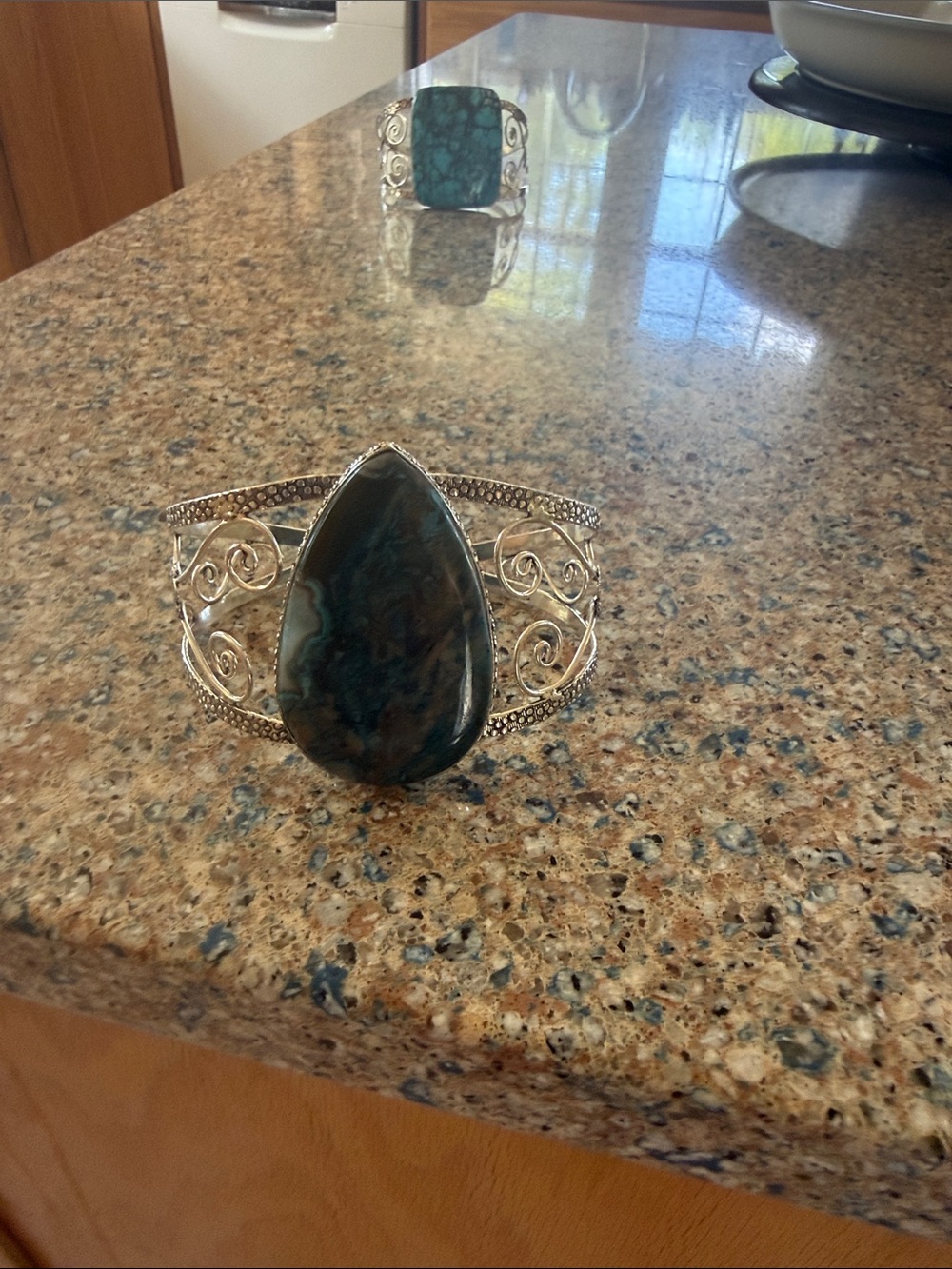 Silver Filigree Cuff Bracelet with Dark Teal Stone